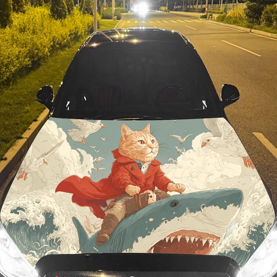 

Shark And Cat Car Hood Stickers - Self-Adhesive, Waterproof and Durable Vinyl Wrap, Decorate And Protect Your Car, Fit For All C