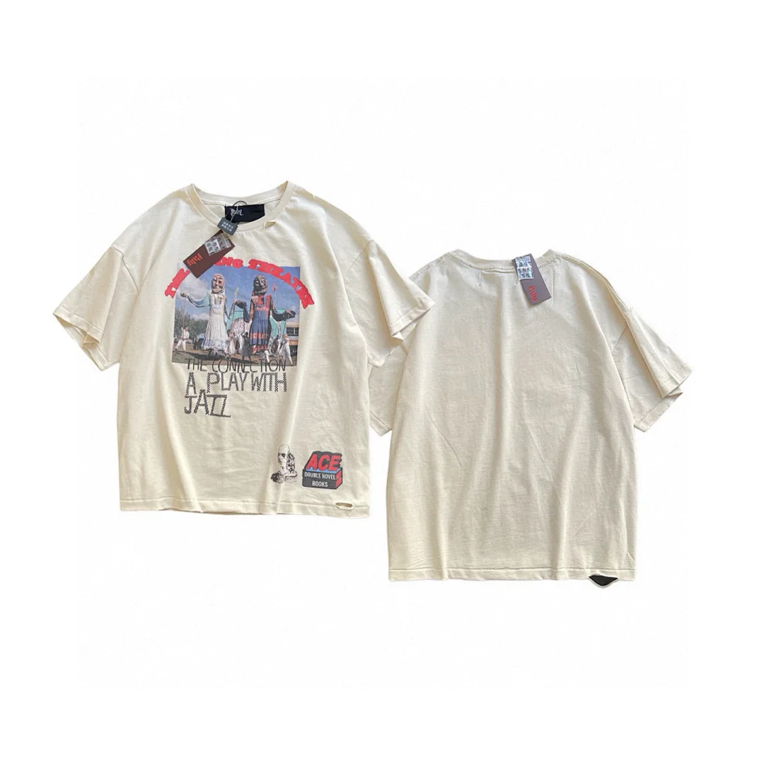 American Fashion Brand Tee Men Vintage Figure Poster Print Distressed T-shirt Unisex Cream Oversized Retro Streetwear Tee