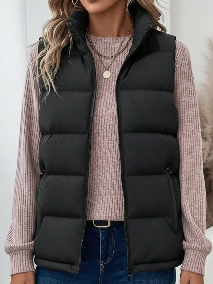 

Женский черный пуховый жилет на молнии без рукавов для повседневного ношения осенью и зимой