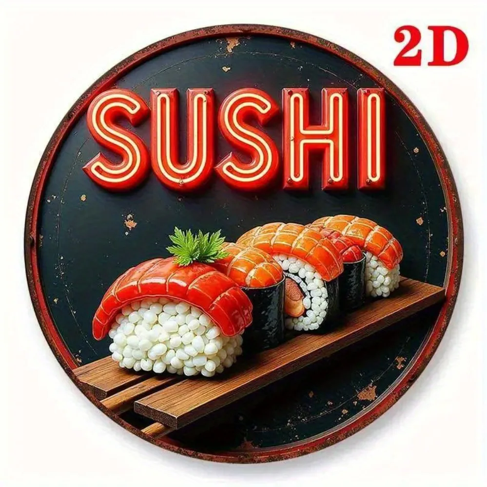 2D Metal Sign, Red White Sushi Neon Sign, Retro Japanese Wall Art for Restaurant Decor, 7.8