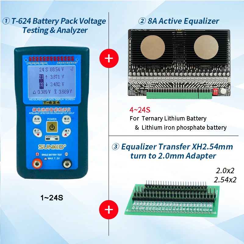 SUNKKO T624 lithium battery pack tester 8A active equalization board suit differential pressure intelligent detection analyzer