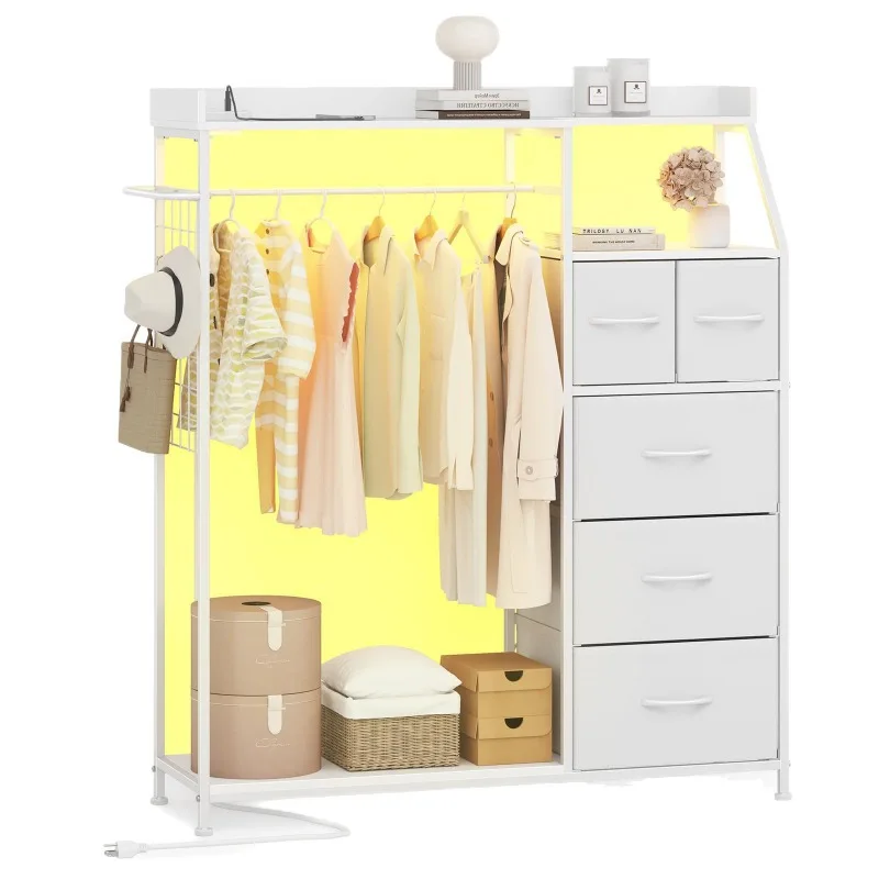 Steel frame open coat rack with lamp cloth clothes multi-pumping hanger bedroom simple clothing storage floor wardrobe