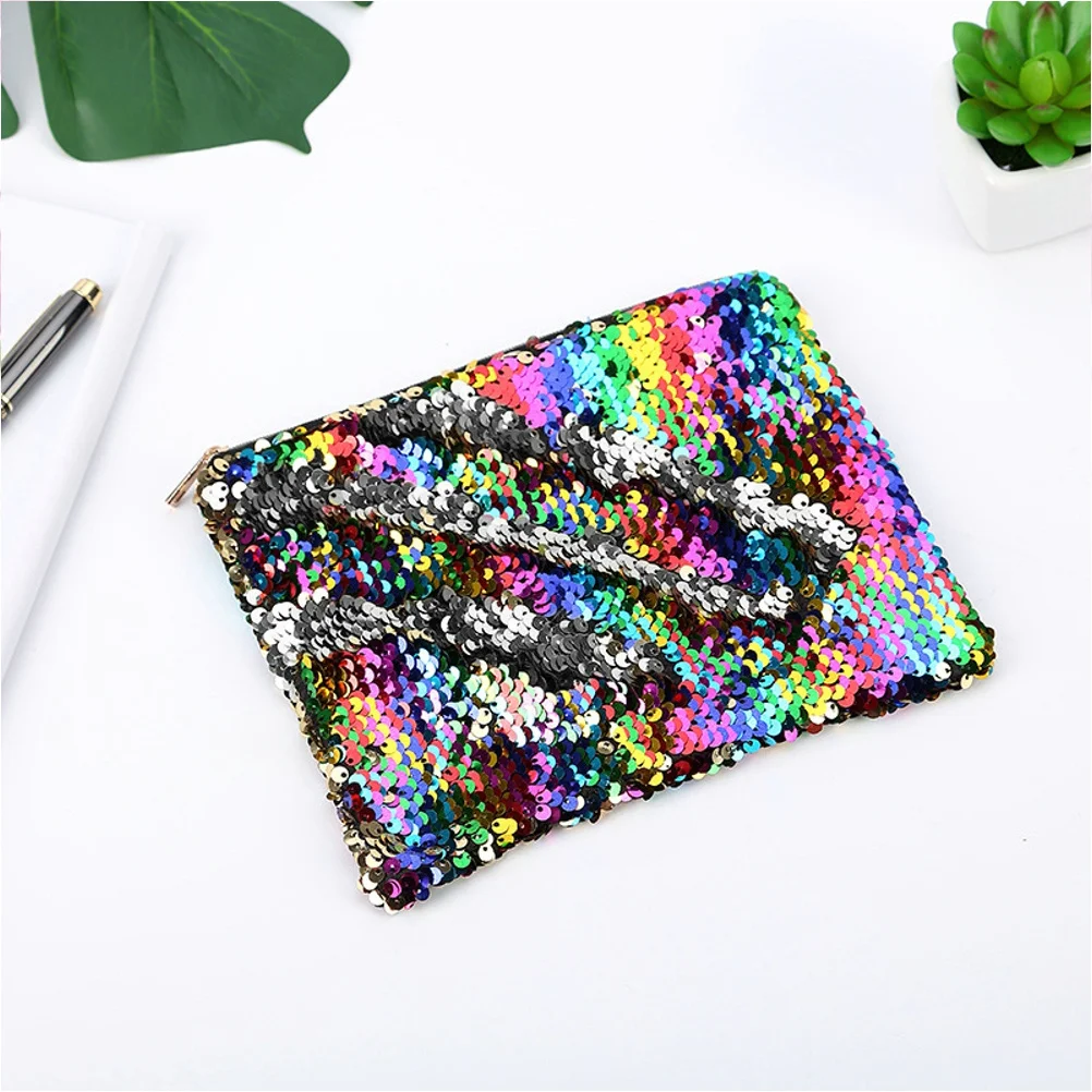 

Glitter Zipper Pen Bag Rainbow Silver Sequin Pencil Case For Students Coin Phone Organizer Pu Stationery Pouch