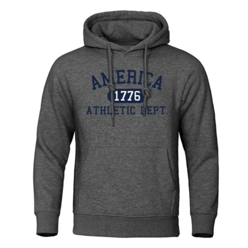 America 1776 Athletic Dept Letter Print Mans Hoodies Pocket O-Neck Sweatshirt Autumn Soft Sweatshirt Casual Loose Man Clothing