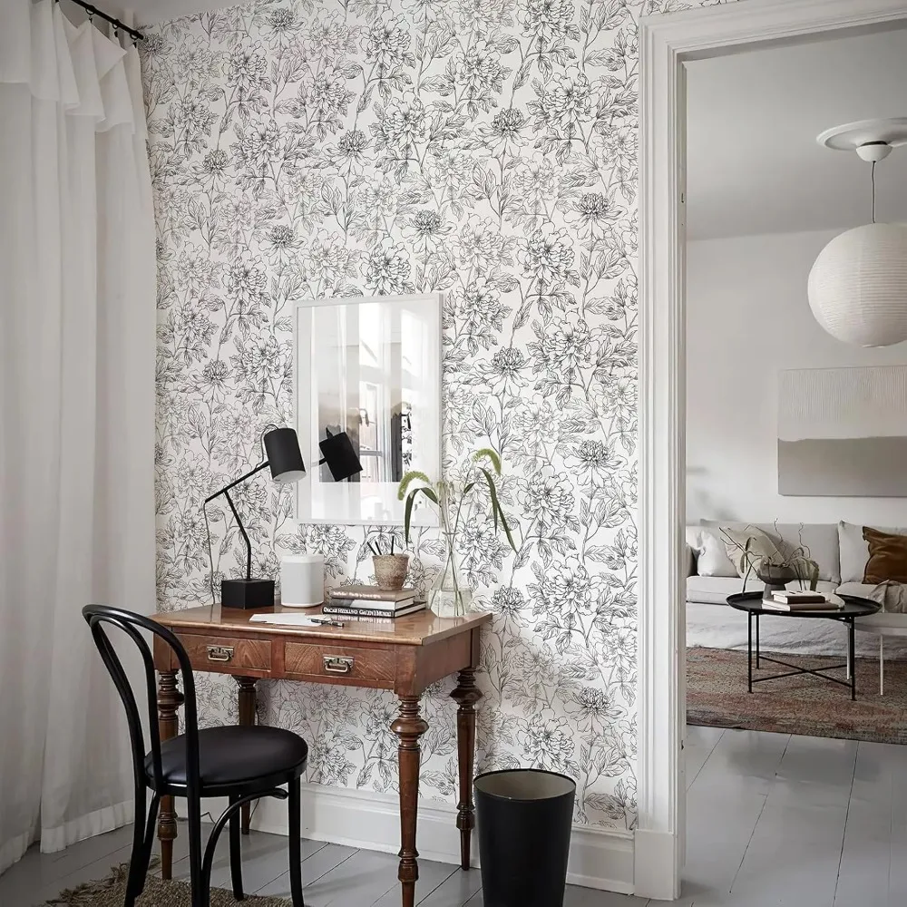 ورق جدران قابل للإزالة بالزهور باللونين الأبيض والأسود، مقاس 17.3 × 800، تصميم الفاوانيا المطلي لسهولة تزيين الجدران