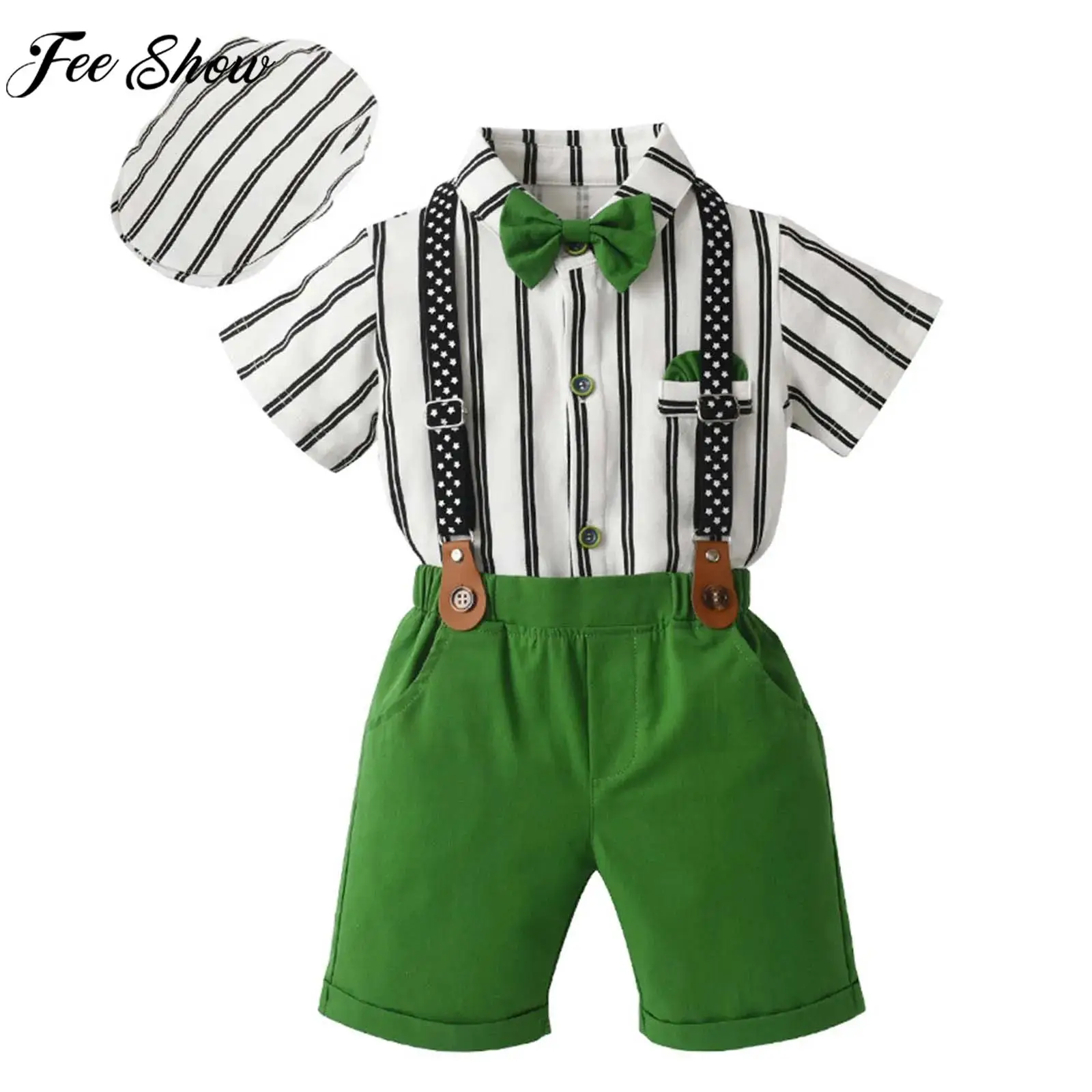 Baby Boys Summer Gentlemen Suit Christening Birthday Wedding Party Outfit Short Sleeve Bow Tie Tops with Suspender Shorts Beret