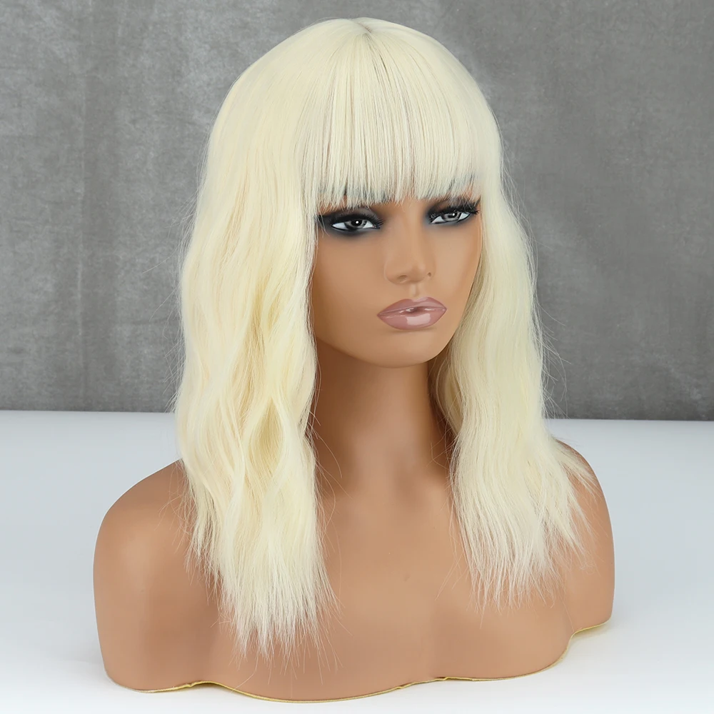 WERD Blonde Golden Synthetic Bob Wigs For Women With Bangs Wave Heat Resistant Cosplay Lolita Natural Hair