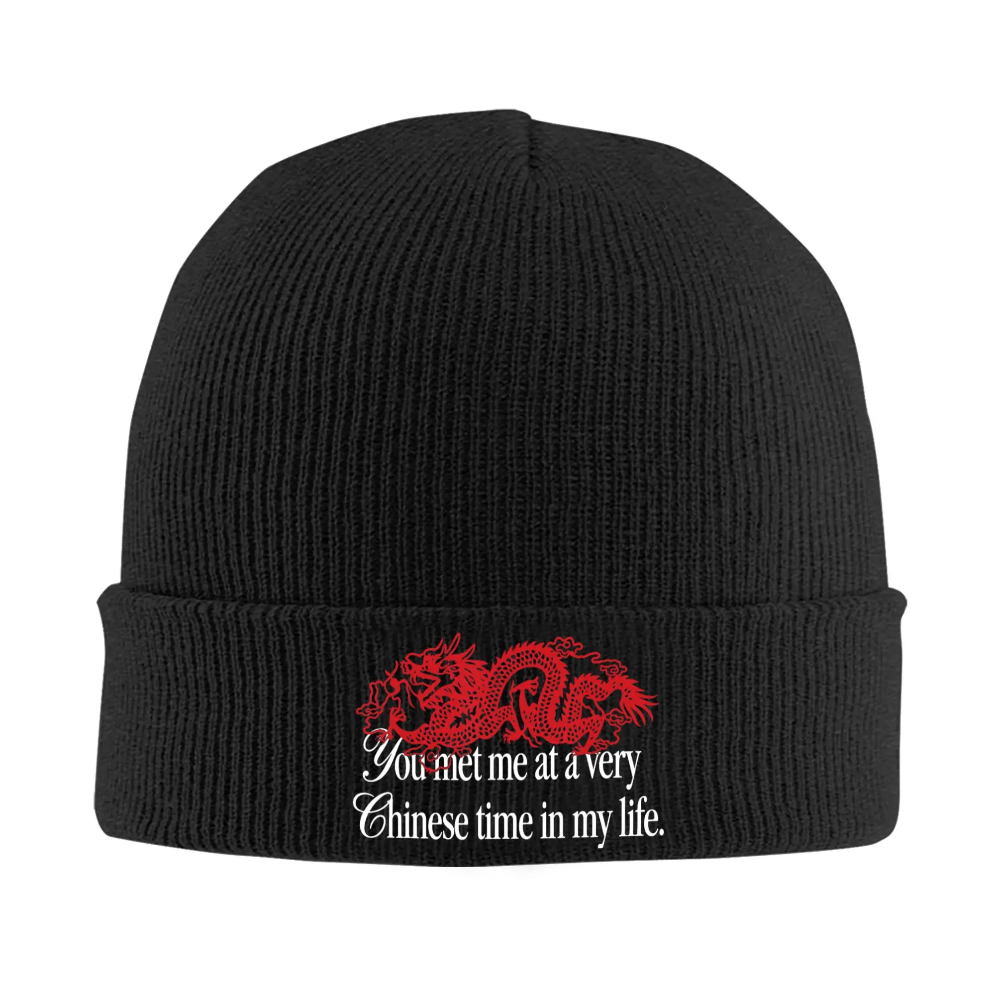 Met Me At A Very Chinese-Time Knitted Hat Beanie Winter Hats Warm Unisex New Arrival Viral Quote Caps for Men Women  Gifts