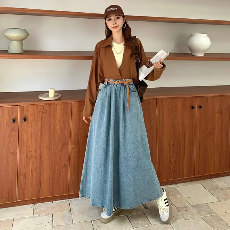 TFETTERS Elegante vrouwen gewassen denim rok 2025, lente herfst, rekbare elastische taille, A-lijn uitlopende maxirok voor dagelijks gebruik