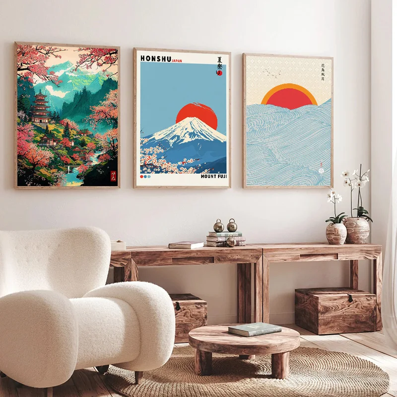 Japanese Ukiyo-e Style Wall Art Posters Fuji Mountain Ocean Wave Cherry Blossom Pagoda Canvas Prints Living Room Bedroom Decor
