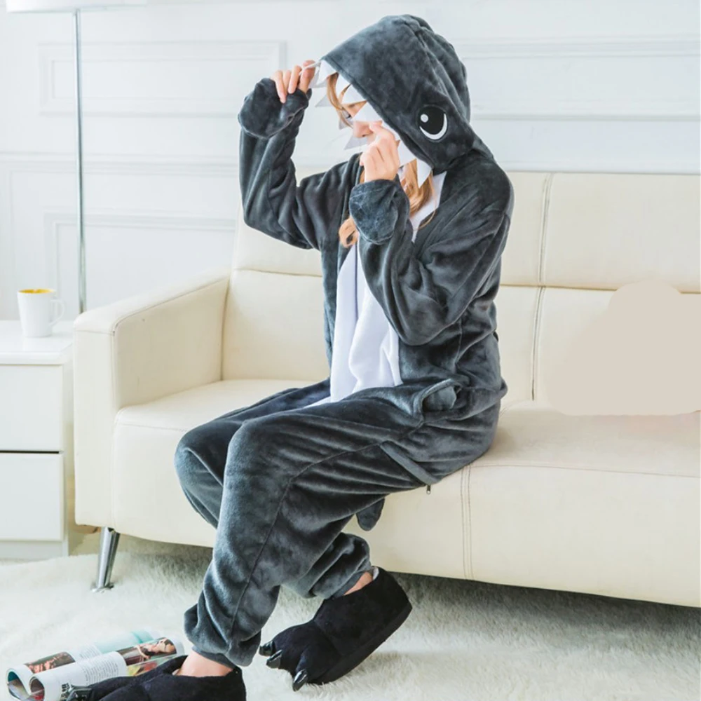 Animal Unisex Adult Women Grey Shark Kigurumi Onesie Pajamas Men Cartoon Soft Flannel Halloween Family Party Costumes Jumpsuits