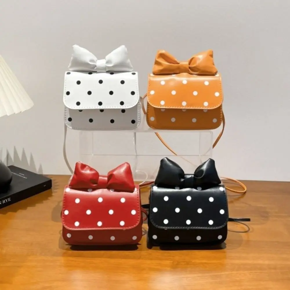 Cute Versatile Women Mini Shoulder Bag PU Leather Polka Dot Print Crossbody Bag Bow Design Coin Purse