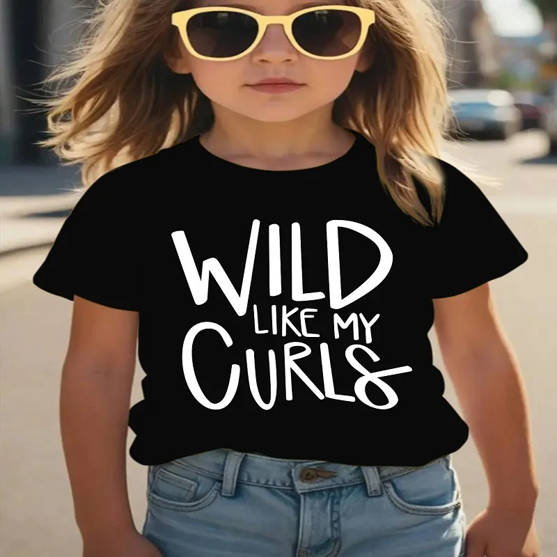 Cross-border bestseller: Wild Like My Curls girls' short-sleeved T-shirt with letter printing