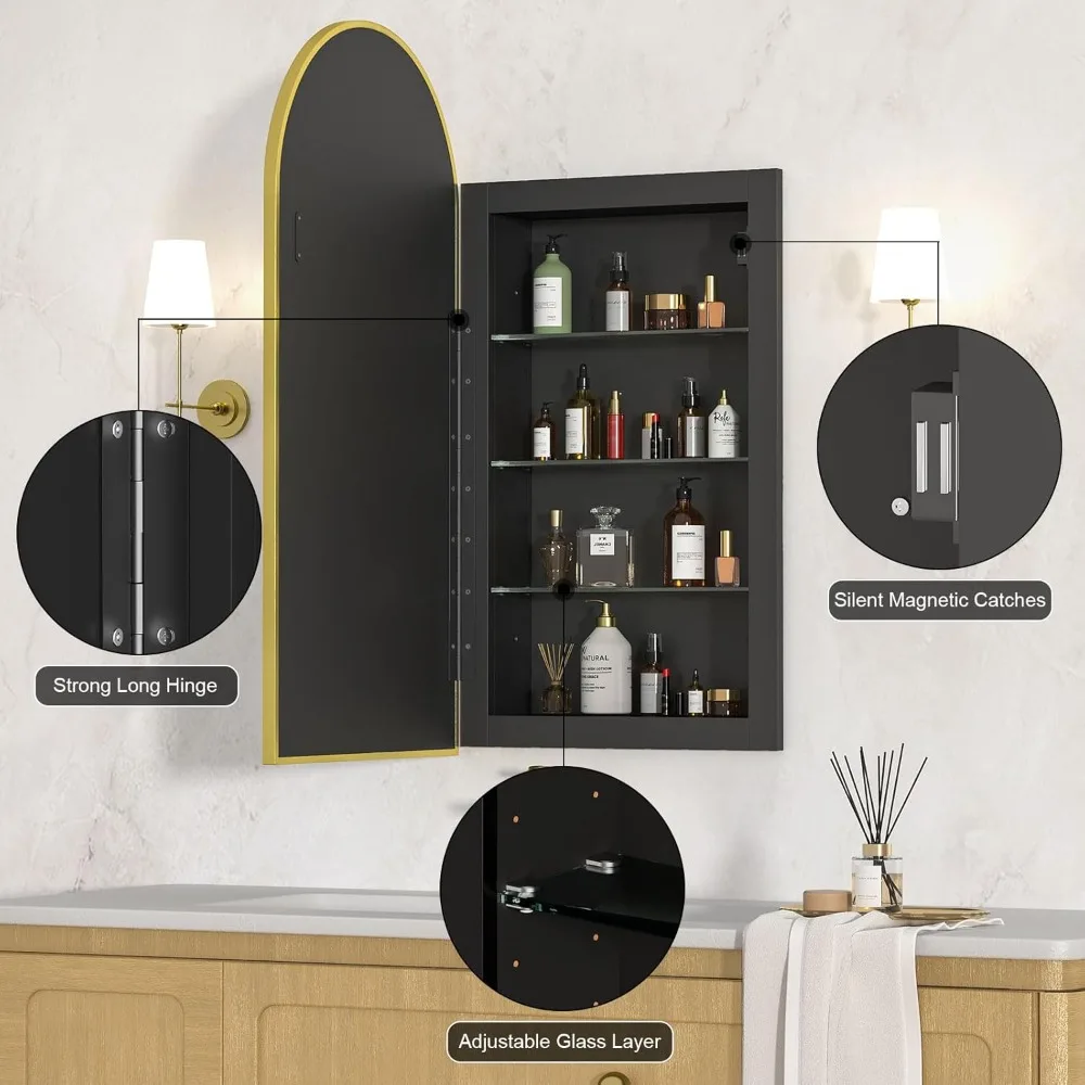 "Arched Recessed Medicine Cabinet - Frameless Arch Mirror with 3 Glass Shelves, Wall Mounted"