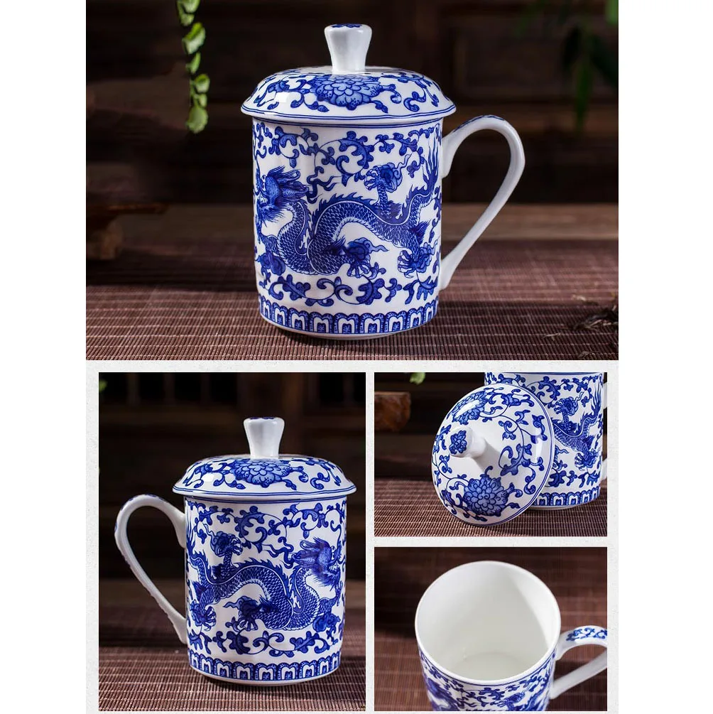 Blue And White Tea Cup With Lid Dragon Bone China Ceramic Cup Cover Jingdezhen Coffee Mug Handle 500ml Loose Leaf