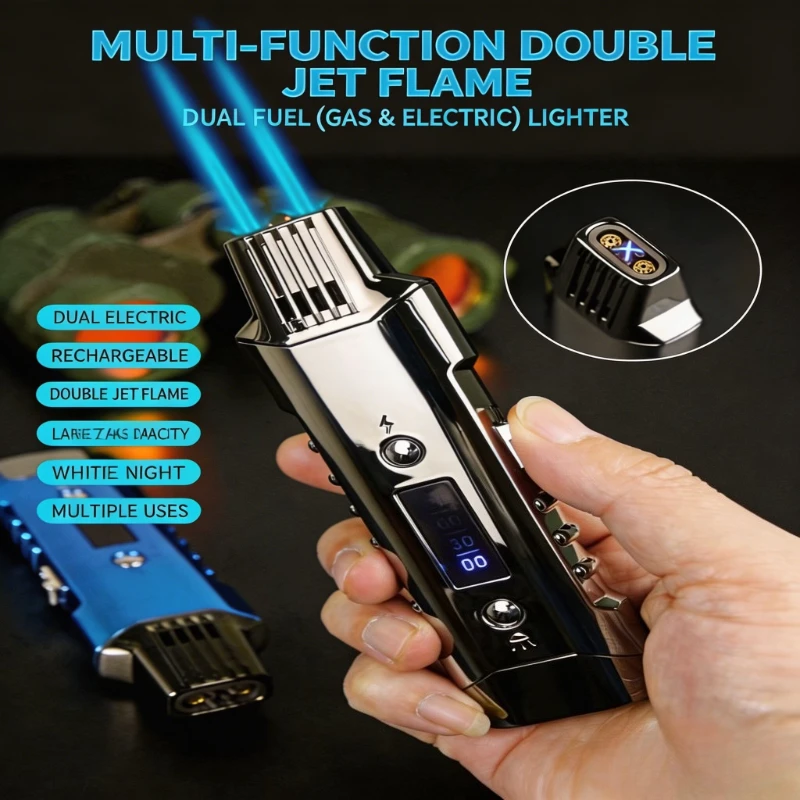 Multifunctional Gas And Electric Lighter  Double Arc  Double Blue Flame White Night Light With Power Display Outdoor Windproof