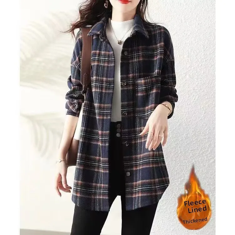 

Thiened Fce Women's irt Cotton Linen Long Sve Plaid Top Autumn Winter Collar Mid-Length Vintage Sle Office Wear