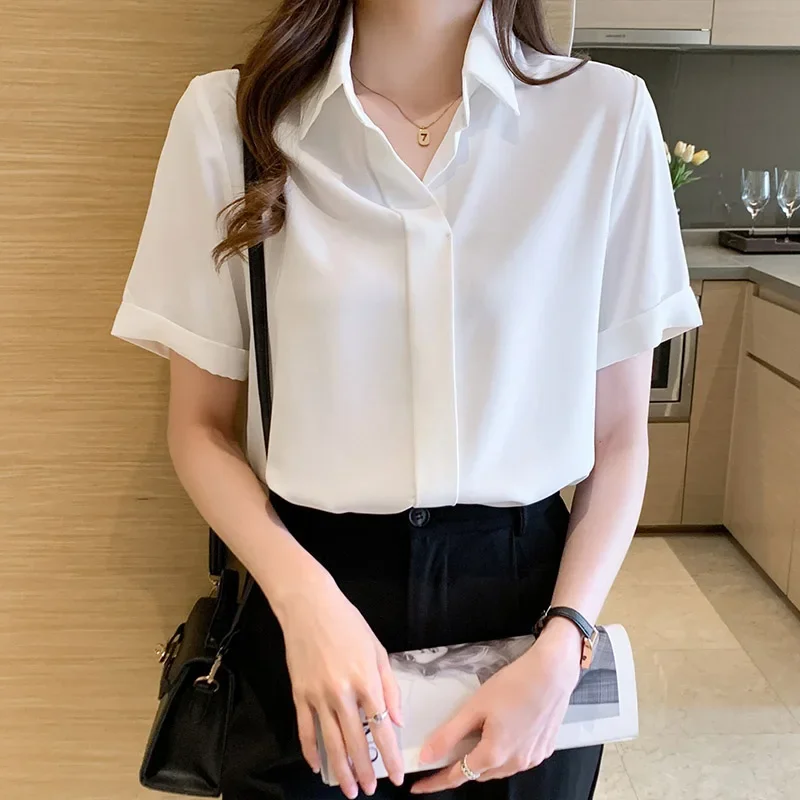 

Women Fashion Elegant Chiffon Shirt Summer Chic Turn-down Collar Short Sleeve Blouses Office Lady Professional Attire Tops ZT352