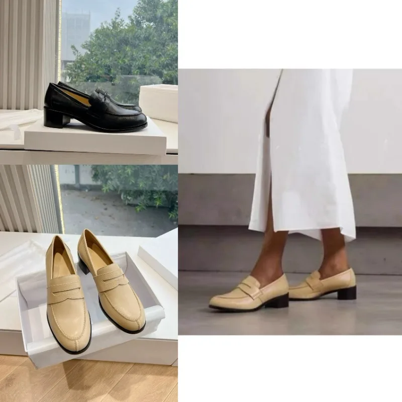 

Женские лоферы на толстом каблуке LUXURY, круглый носок, толстый каблук, натуральная кожа, вышивка марки, поездки на работу, кожаные туфли на одну ногу