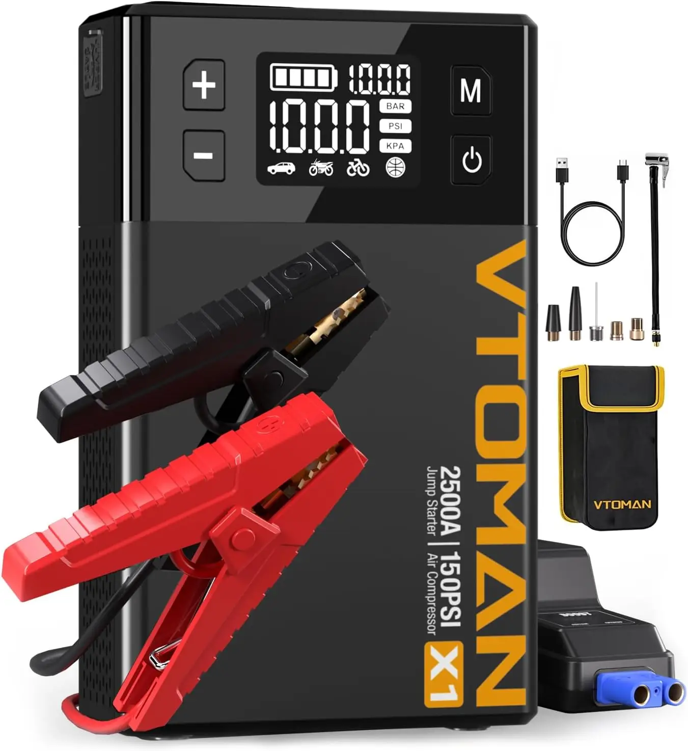 

Portable Car Jump Starter with Air Compressor - 2500A Peak, 150PSI Tire Inflator, USB Power Bank & Emergency Lights