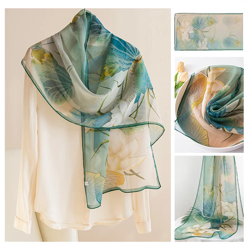 

Pure Silk Long Scarf High-end Feel Summer Thin Printed Shawl Women's Silk Scarf Gift Shawls Women Luxury Bufandas De Seda Sj111