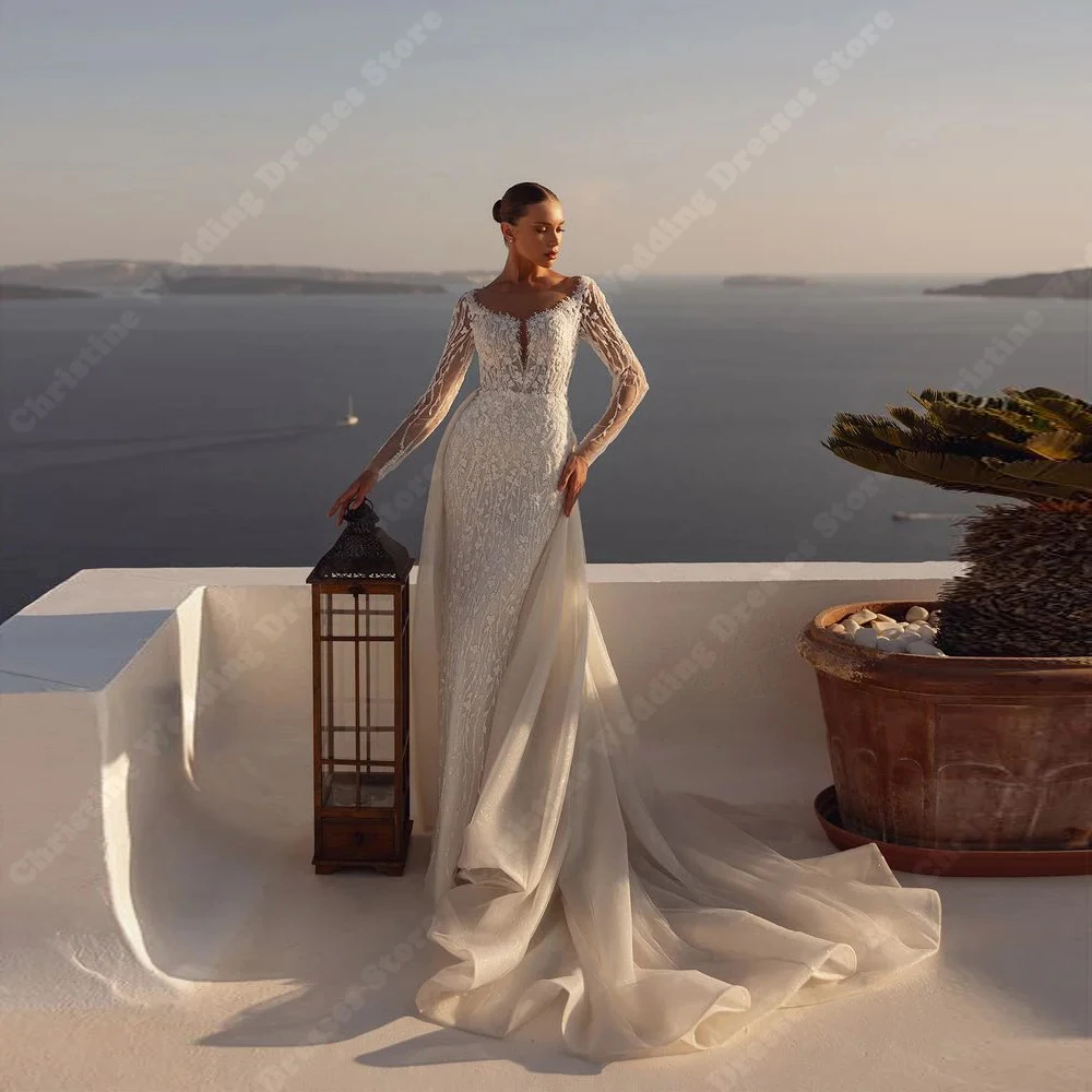 

2026 Graceful Women Wedding Dresses Lace Flower Print Full Sleeves Bridal Gowns Engagement Banquet Vestidos De Novias Customized