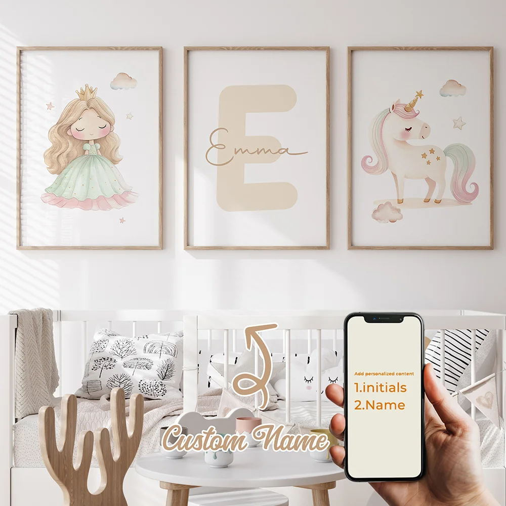 

3pcs Personalized Custom Name Cartoon Colorful Princess Wall Art Print Picture Canvas Poster Painting For Living Room Home Decor