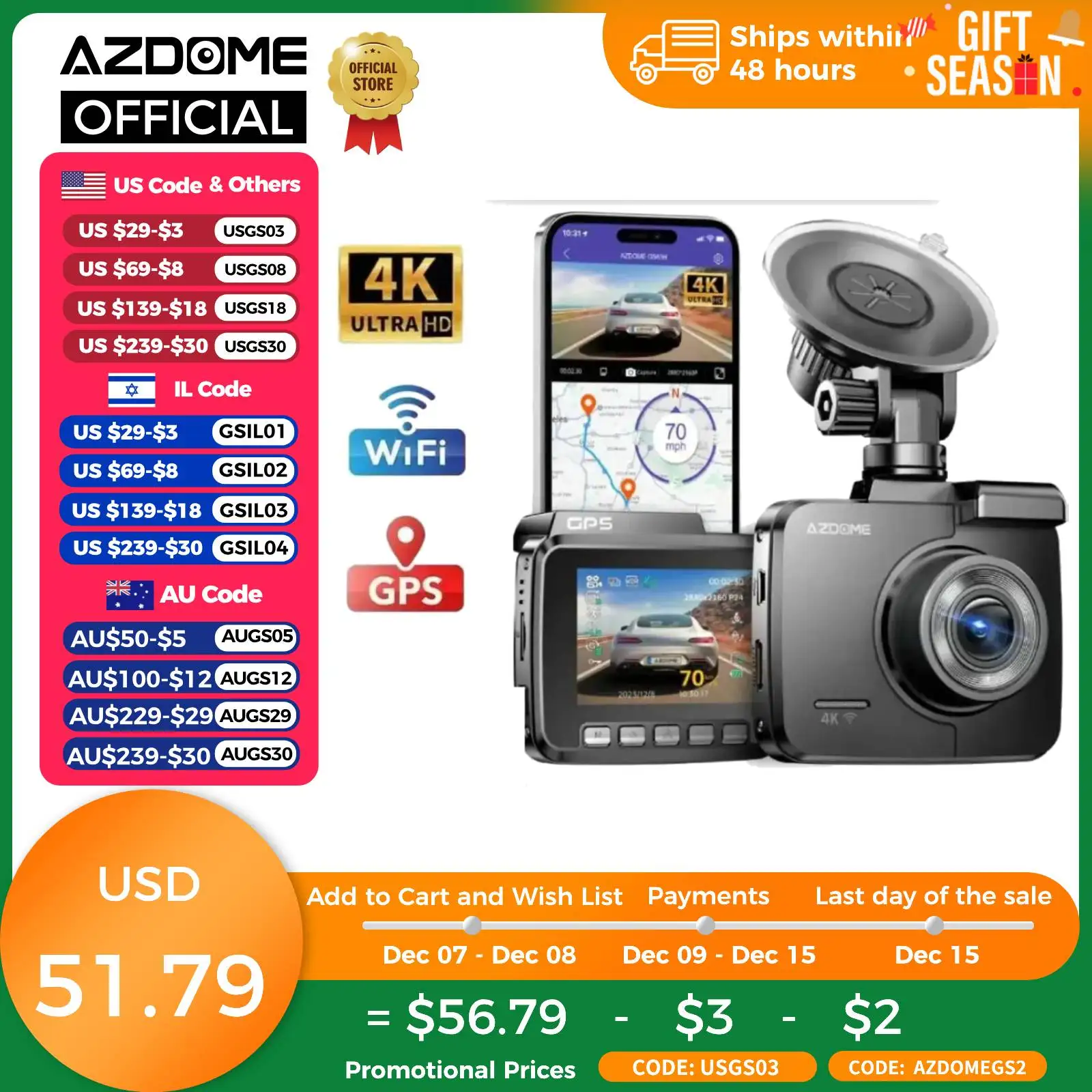 AZDOME Dash Cam GS63H Ultra HD 4K WDR 2.4\