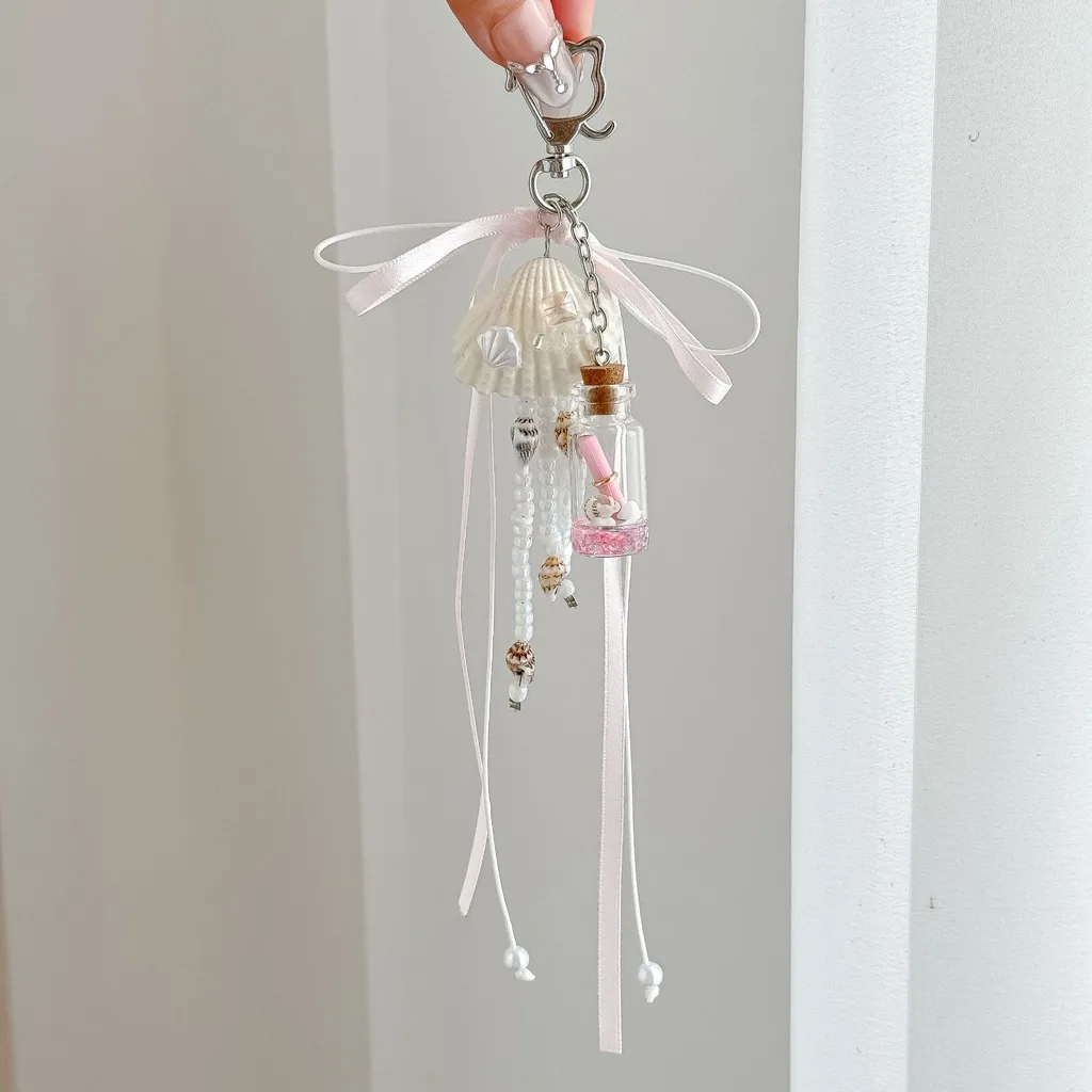 Handmade Natural  Wishing Drift Bottle Keychain Fresh Ribbon Beaded Bag Charm Cute Fashion Accessory