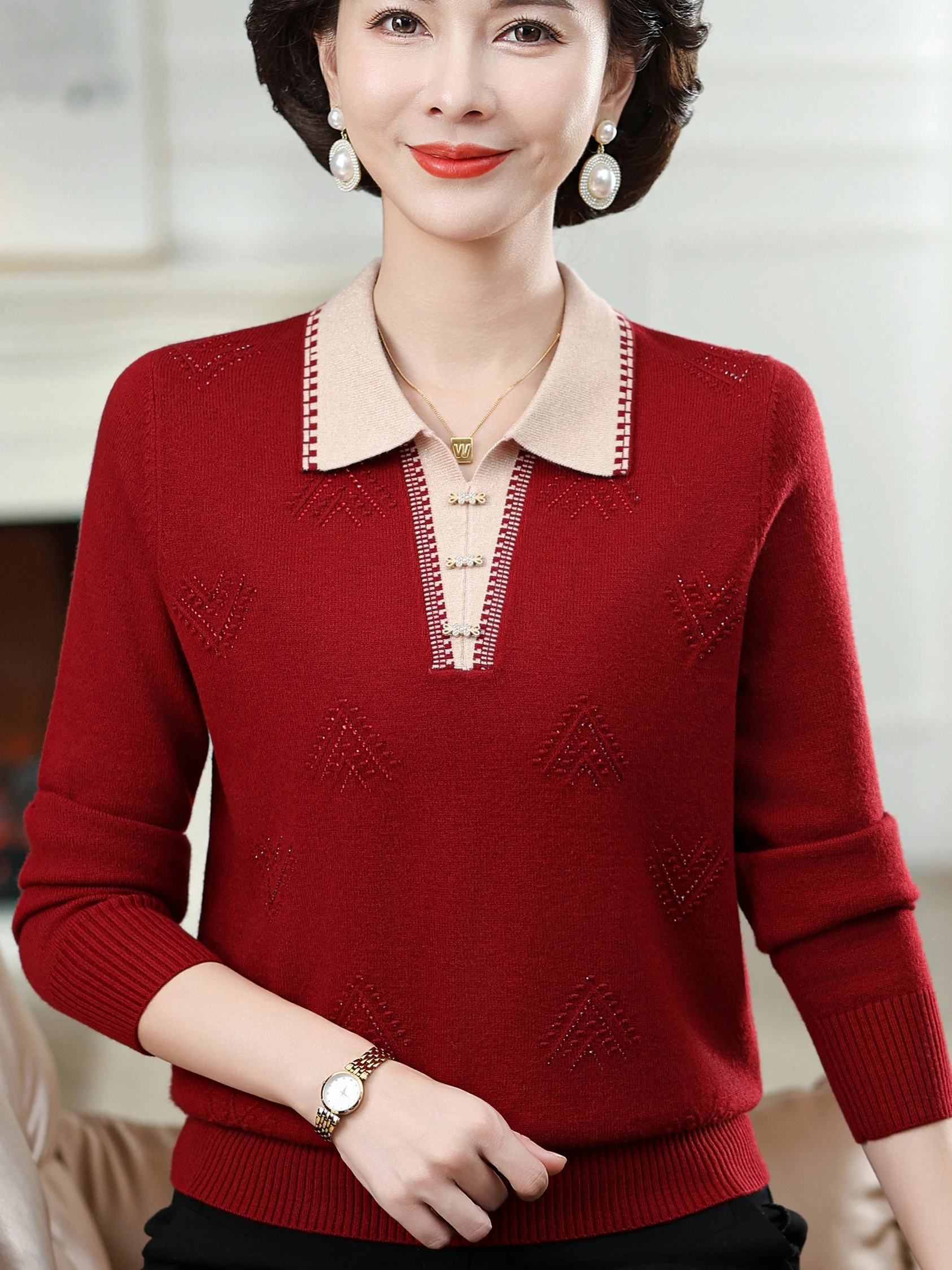 

Sli Knitted Long Sve irt for Middle-Aged And ly Spring Autumn Thin Faionable Loose Fit Easy Clean Ladies...