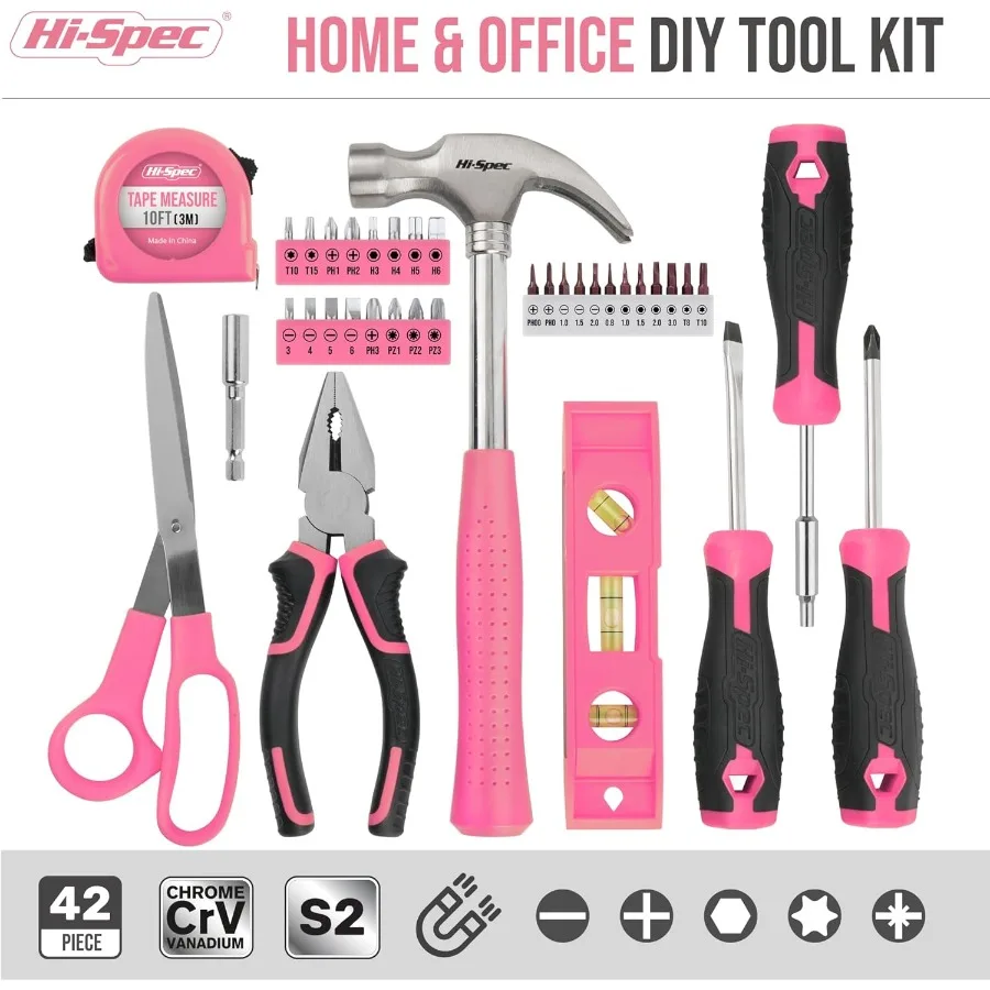 HiSpec 42pc Pink Household DIY Tool Set for Women: Essential Starter Toolkit for Home Office and College Dorm Use with Compact