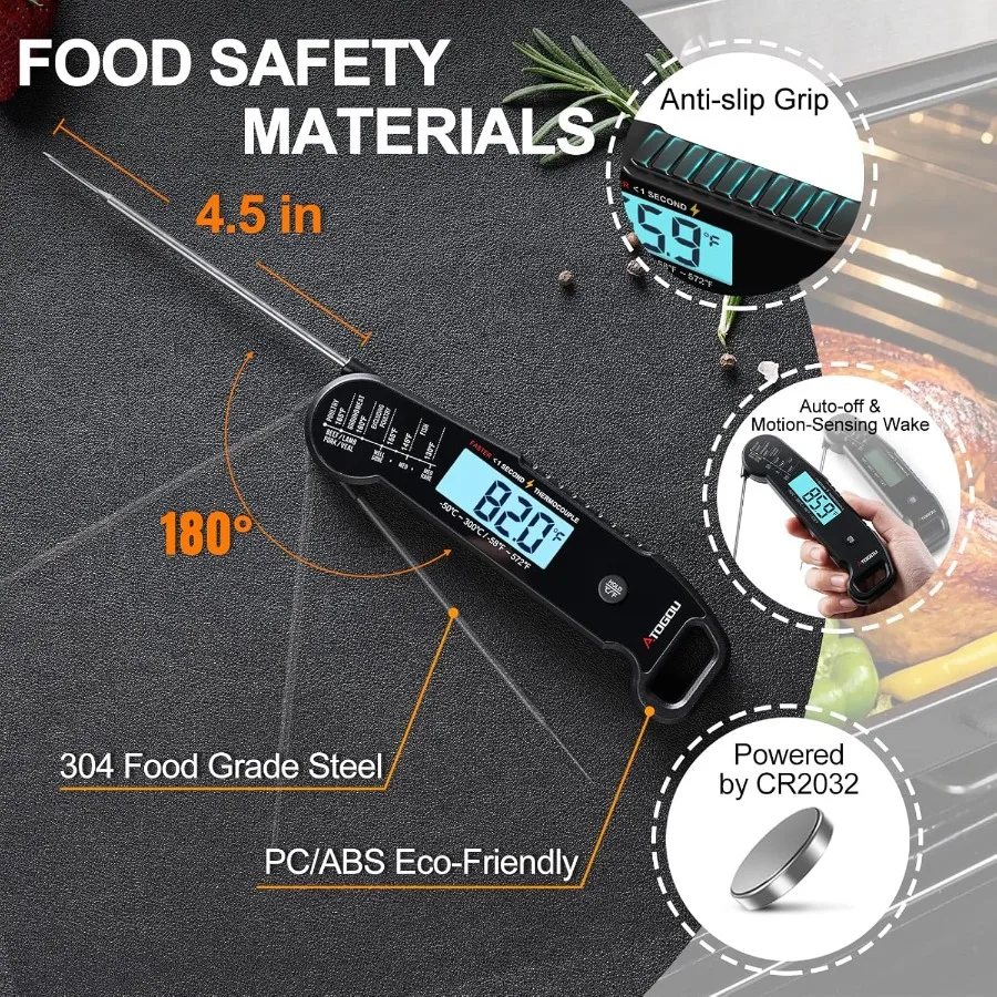 Professional Food Meat Thermometer with 1 Second Instant Read and 0.5 Accuracy Using Thermocouple Sensor IP67 Waterproof Digita