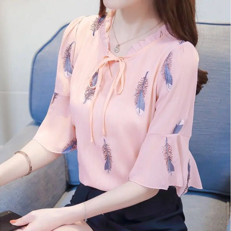 Five Quarter Sleeves Chiffon Shirt for Women, Novelty Bow Tie Traf Dress, Trumpet Sleeve, Summer Clothing, New, 2023