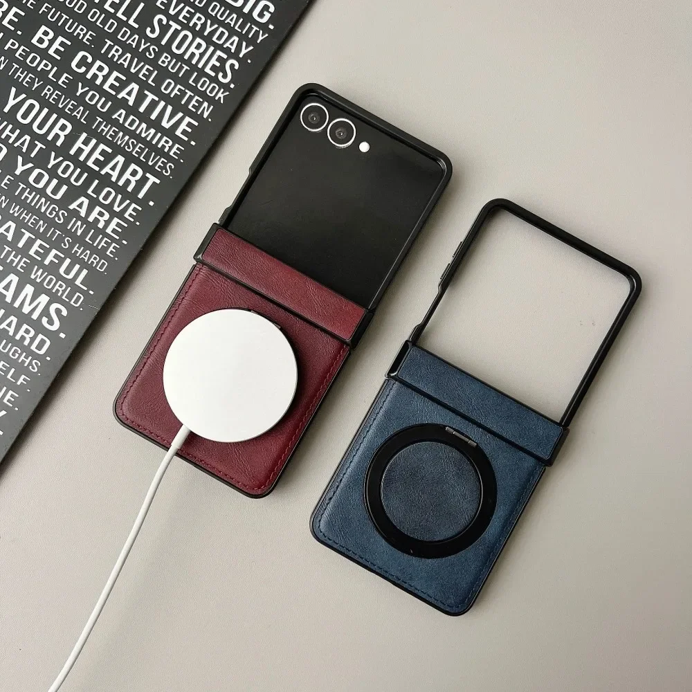Magnetic Leather Phone Case For Samsung Galaxy Z Flip 7 FE 6 5 4 3 Flip7 Flip6 Flip5 5G  Ring Holder Hinge Protective Cover