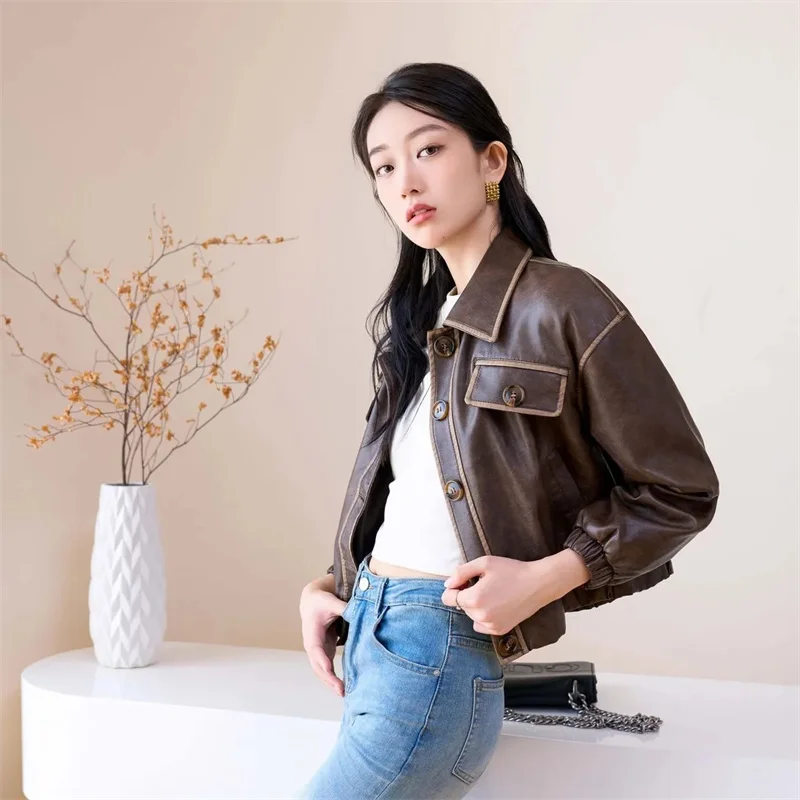 

New 2026 Short Motorcycle Coat Spring Autumn Women's Fashion PU Leather Coat Korean Leather Jacket Tops Female Outerwear