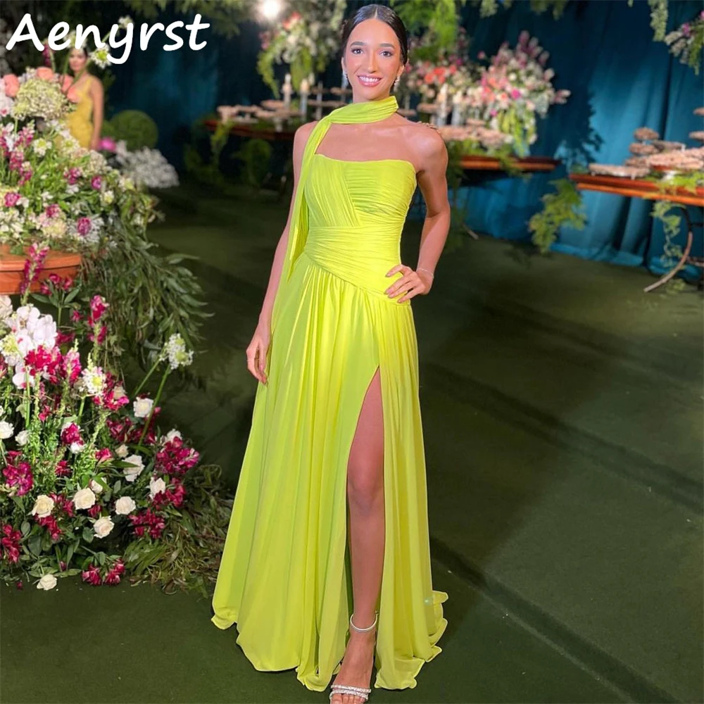 Aenyrst-Simples Amarelo Strapless A Linha Vestidos, Chiffon Split Side, Vestidos de férias, até o chão, Dinner Party