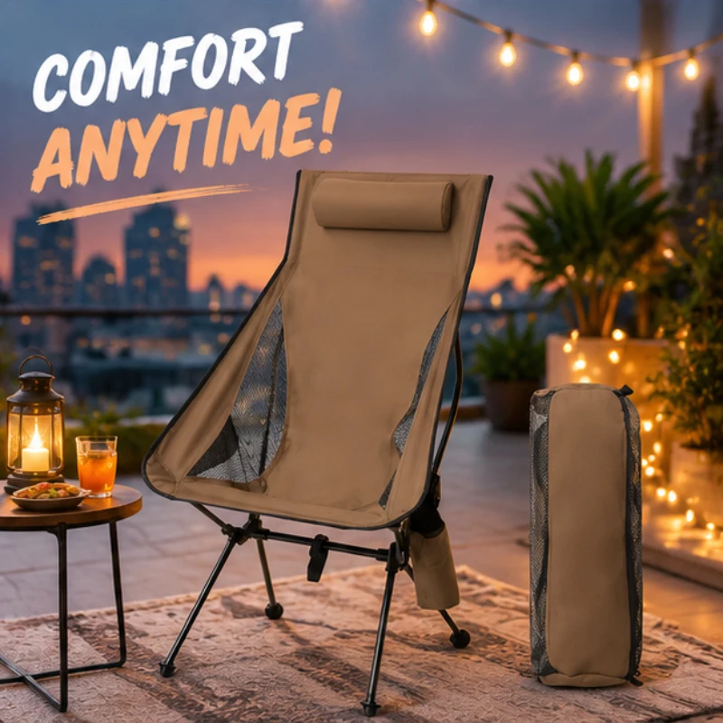 Thick Padded Headrest Lightweight Aluminum Camping Chair, Foldable Portable Design for Long-time Outdoor Fishing