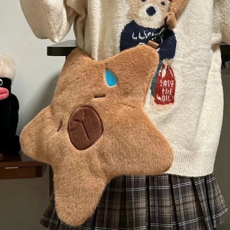 Kawaii Solid Capybara Plush Backpack Cute Star Shape Crossbody Bag For Women Japan Style Shoulder Bag Birthday Christmas Gifts