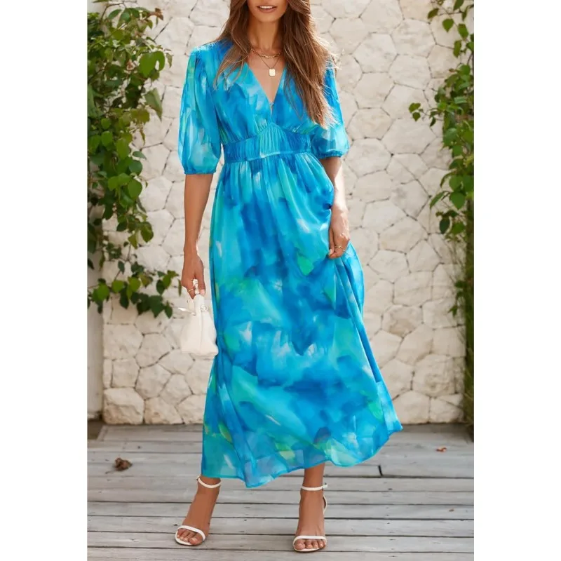 Nuovo abito plissettato a maniche lunghe autunno moda casual abito da vacanza a vita alta abito Boho stampato floreale con scollo a V mezza manica
