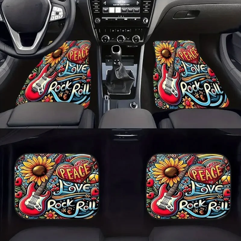 4Pcs Car Floor Mat, Peace Love Rock Roll Sunflower Guitar Print, Hippie Style Car Floor Mats