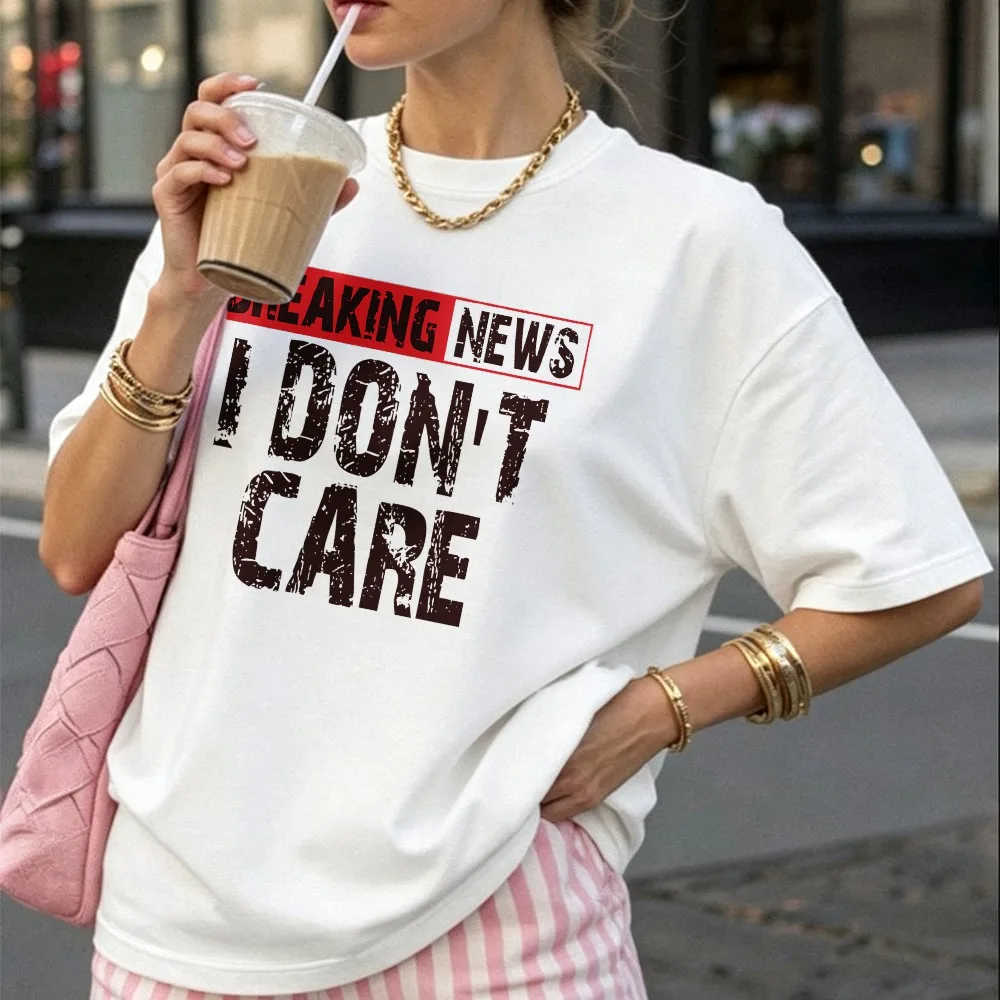 Breaking News I Don't Care Graphic T-shirt Distressed Vintage Letter Slogan Print Short Sleeve Tee Funny Statement Casual Daily