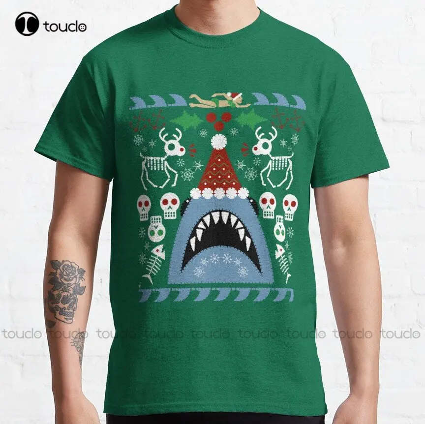 Santa Jaws Ugly Sweater Classic T-Shirt Custom Aldult Teen Unisex Digital Printing Tee Shirts Custom Gift Make Your Design