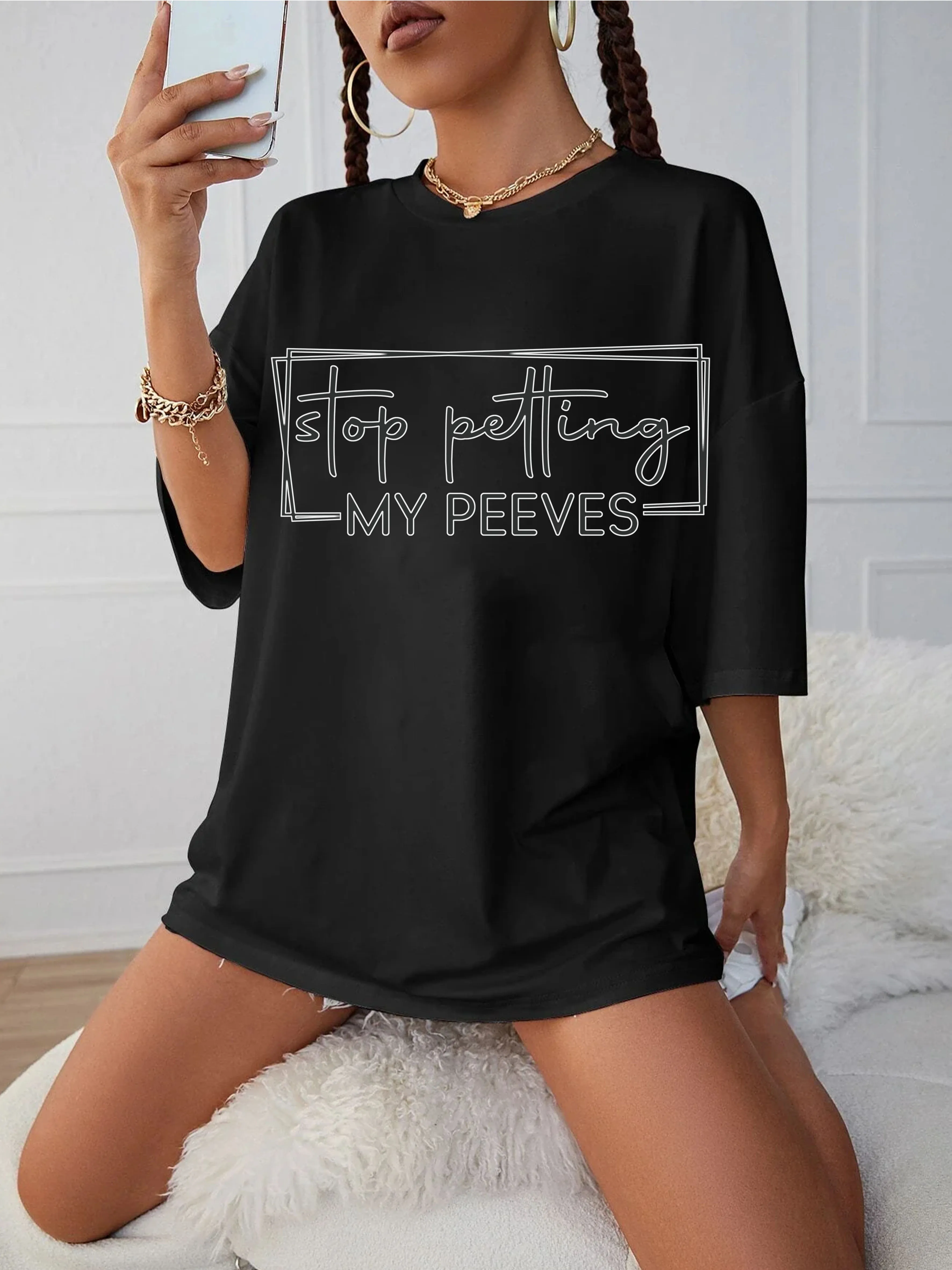 

Женская черная футболка для беременных с круглым вырезом Stop Petting My Peeves, свободная посадка, удобная для лета и поздней беременности