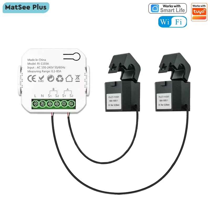 

TUYA Smart 2 Wi - Fi Энергометр Двусторонний 1 / 2 канал с CT - зажимами Приложение для мониторинга солнечной энергии и потребления энергии AC110V 240V Разрешить калибровку