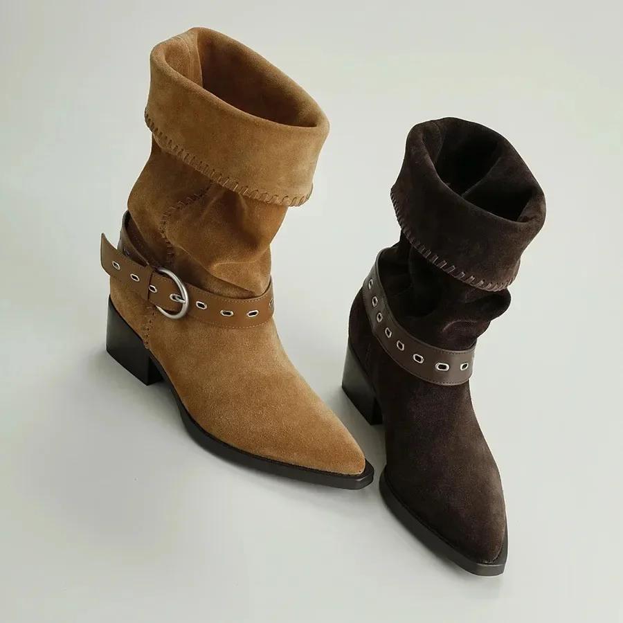 

Knee-high Long Tube Boots Elastic Square Head Thick Bottom High Heel Belt Buckle Women's High-calf Knight Boots Long Boots