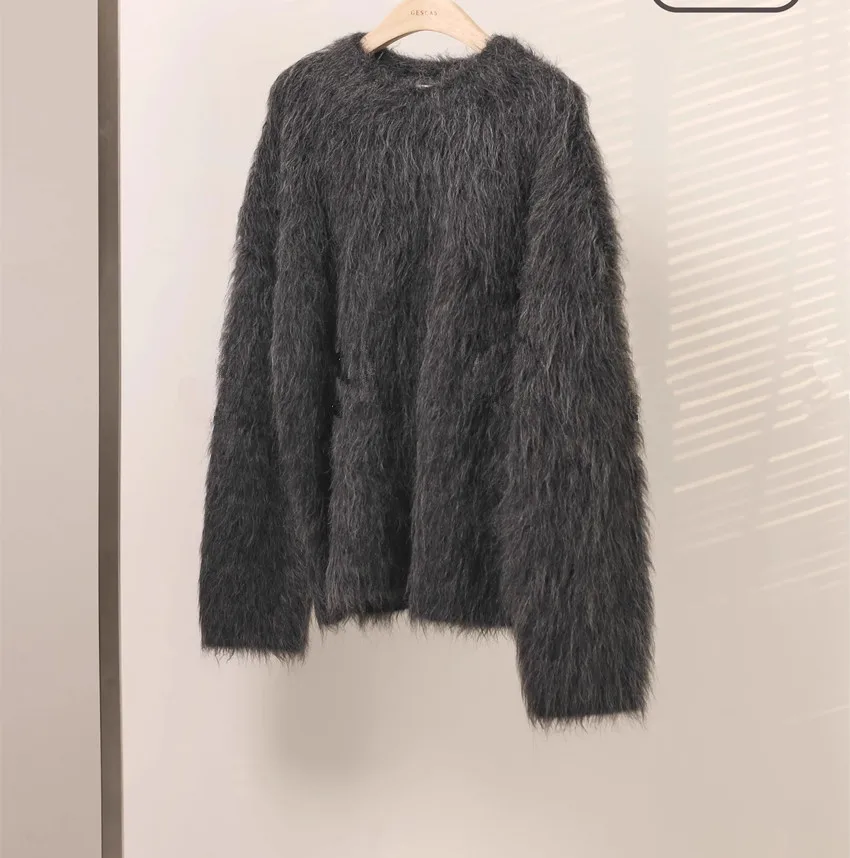 2024 New Fashion Oversize Autumn Winter Yellow Soft Mohair Sweaters Jumper Lazy Women O Neck Thick Knitted Warm Loose Pullover