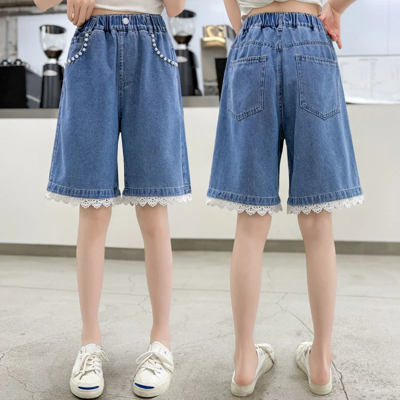 

Children Vintage Blue Knee Length Denim Shorts with Pearl Pocket for Teens Girls Stylish Lace Bottom Summer Capris for Kids 5-14