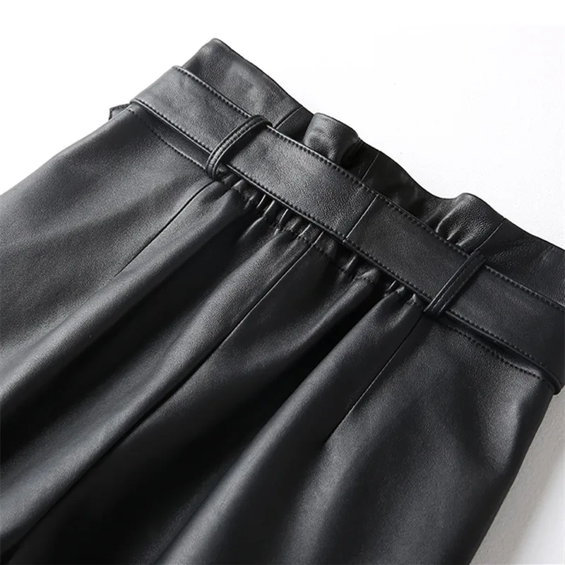 Women's High Waist Matte Sheepskin Leather Pants Ankle Length Trousers with Thin Belt Spring Autumn Fashion Smoke Pipe Style