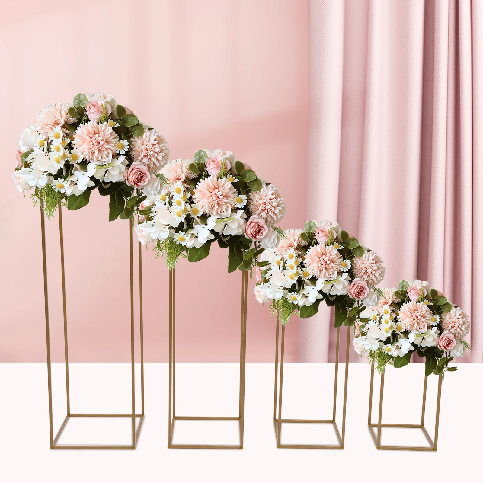 Wedding Flower Stand Set 4Pcs Rectangle Gold Metal Column Rack Flower Floor Vase Wedding Prop Decor Balloon Display Holder