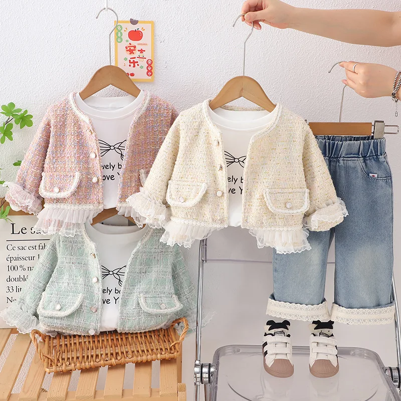 

Girls Clothes Sets Spring Autumn 2025 Children Fashion Coats T-shirts Denim Pants 3pcs Jeans Suit For Baby Outfits Kids Costume